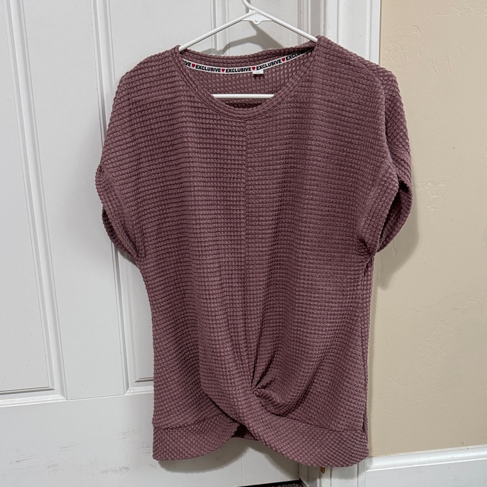 Mauve Waffle Knit Short Sleeve Top with Front Twist Detail